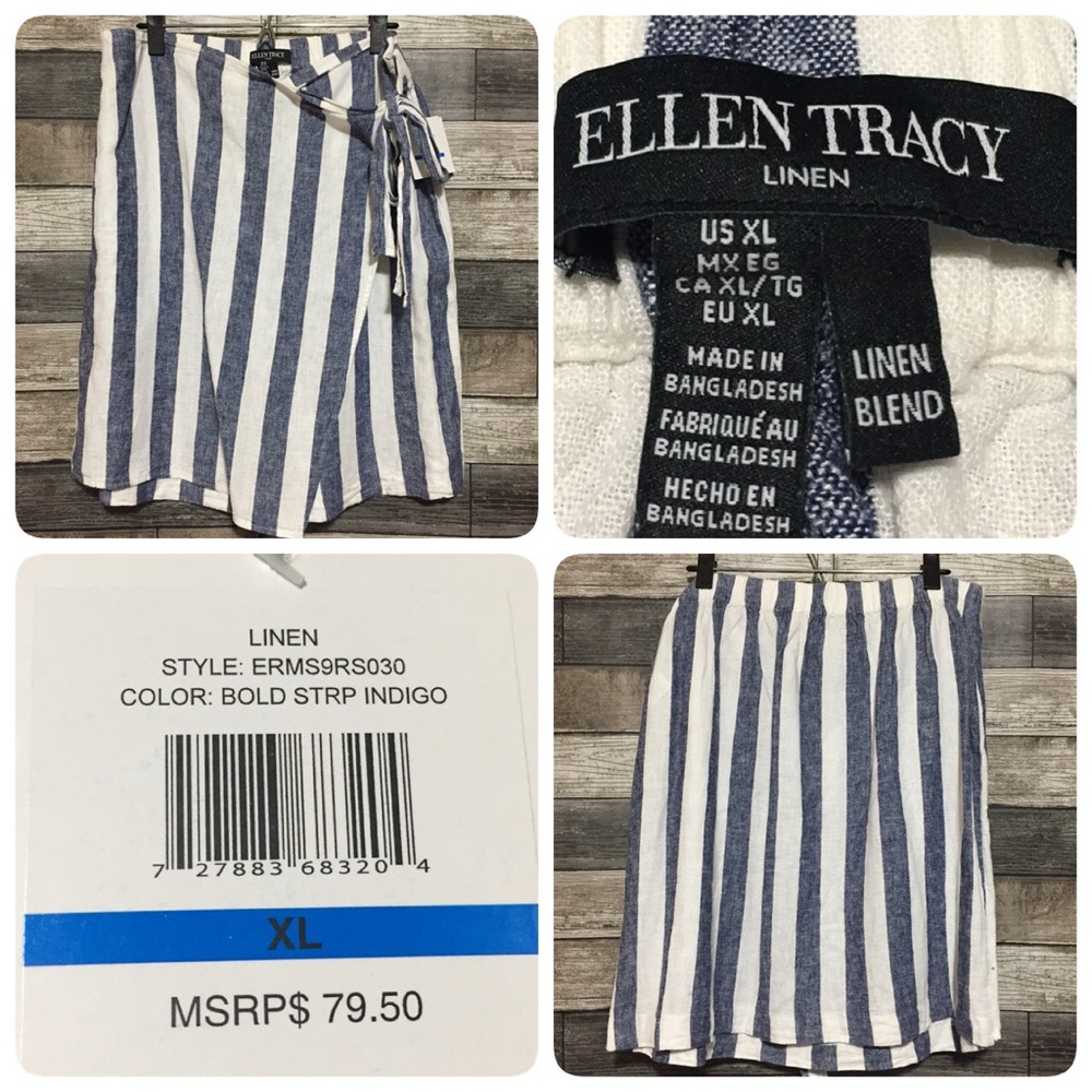 Ellen Tracy Striped Linen Rayon Skirt Women’s XL Blue White